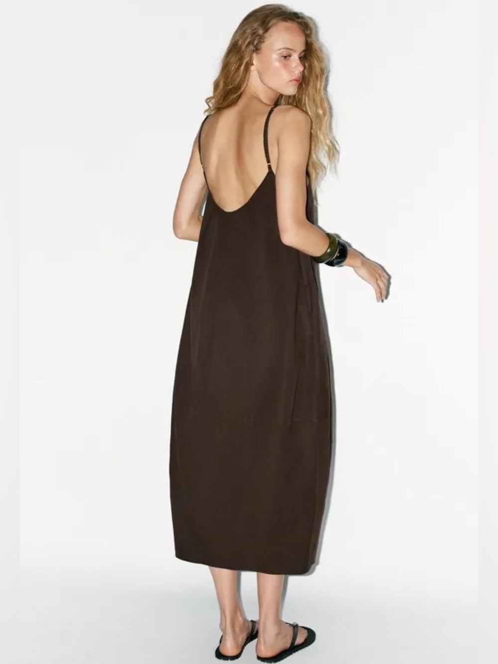 Zara Voluminous Bubble Strappy Midi Dress Camel Square Neckline XL - Picture 5 of 16